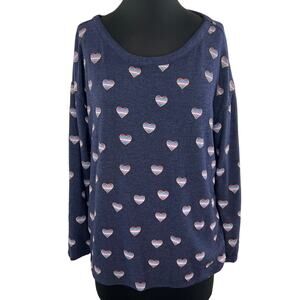CHASER Blue Heart Print Scoop Neck Long Sleeve Pullover Women's Sweater Size M